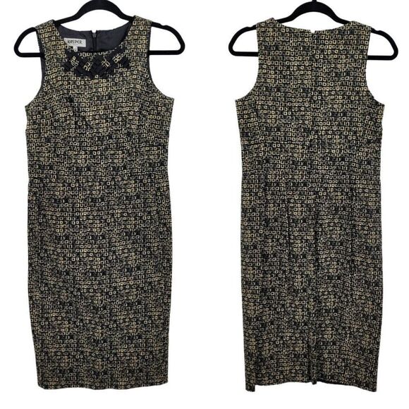 Kasper Geometric Print Sleeveless Sheath Dress 6 Black Brown 3D Ribbon Neckline - Picture 11 of 11
